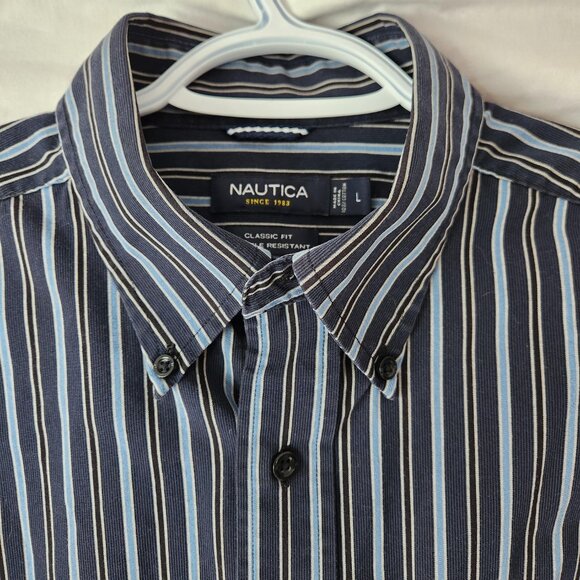 Nautica Men’s Long-Sleeve Shirt Size L Navy Stripe Classic Fit Wrinkle Resistant - Picture 4 of 7
